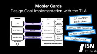 Mobler Cards
Design Goal Implementation with the TLA
TLA

LRS

xAPI

SCORM

LRS

SCORM
Sequencing

stack on
TLA
oth sides
b
Seamless LMS Integration

Content Broker

IMS QTI

Learner Proﬁle

OAuth/IMS LIP

Content Broker

Content
Mgmt

Learner Proﬁle

Course
Mgmt

Mobile App
Learning Management System

tructure
al Infras
Addition
No
Reusable Co

ntent

 