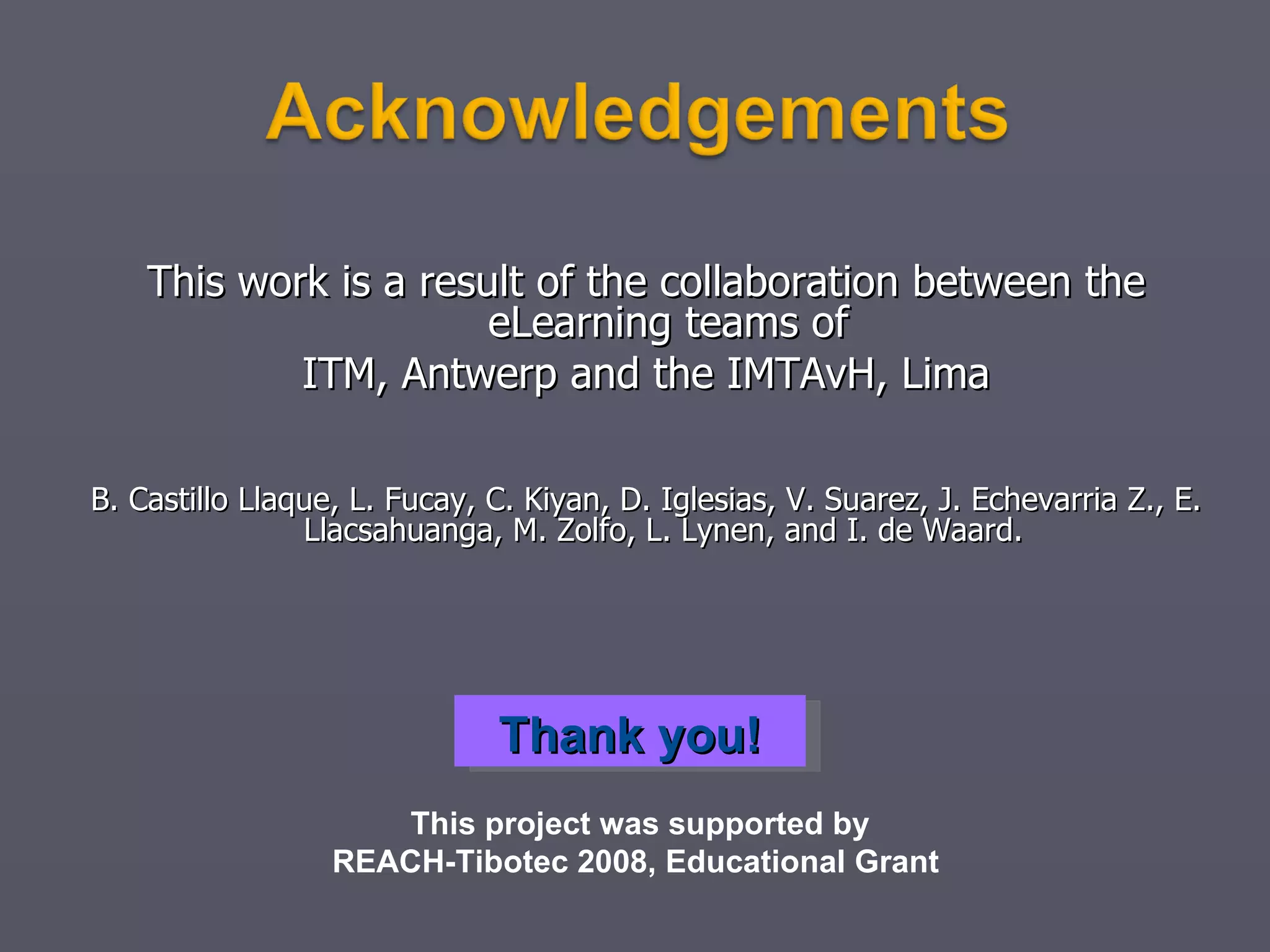 Actions taken (later reading) The actions we took were multiple, let me list 7: We looked at the latest mobile phones supported by the national telecom companies, and we compared their functionalities. These functionalities had to enable reading comfort; they had to permit installing certain applications (for picture exchange, keeping connected with peers). The devices needed to have multimedia possibilities as we aimed to address different learner skills (text, audio, video). The devices also needed to have enough memory to enable big multimedia files to be stored on them. Synchronization with computers was necessary to allow cheaper downloading of new clinical modules. And last but not least, because we were aiming to add mobile social media, these media needed to be accessible by the mobile devices. After purchasing the devices we started to compare mobile social media. Those media that could be accessed with both devices, and that offered a mobile design were chosen.  It was deemed necessary to use a mobile platform on which to store all the modules. So we started to look for mobile platforms that were both cheap and accessible. Mobile Moodle was chosen, as it offered the surplus of enabling ubiquitous learning in future projects, and because both institutes were using Moodle already as a learning platform.  At the same time content was being redeveloped: getting interactivity going, delivering both static (text) and multimedia content to cater to a variety of learner types, animations were made for patient/doctor conversation simulations. To enable easy podcast downloads, we started using iTunes for education.  A facebook page was set-up to allow easy peer-to-peer information exchange.  Training was given to the participants (2 days, 1 day per type of mobile device) 