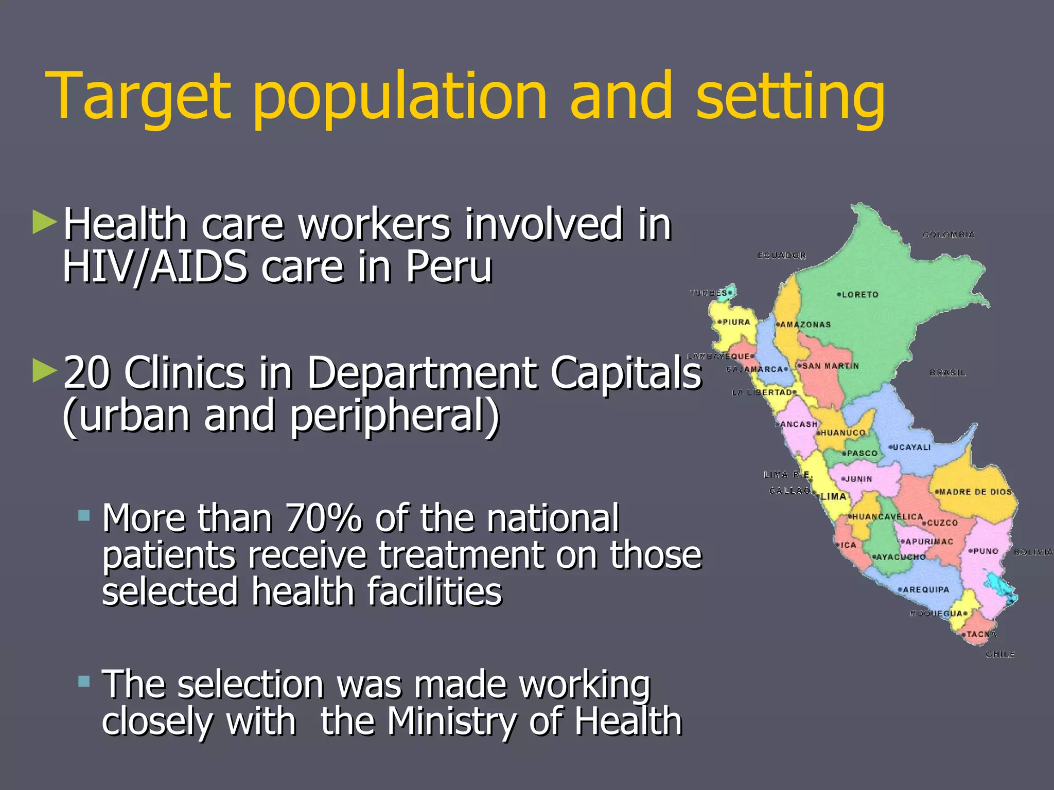 In 2008 the Institute of Tropical Medicine Alexander von Humboldt  (IMTAvH)  in Lima (=  the real craftsmen of this project ) and the Institute of Tropical Medicine  (ITM)  in Antwerp set up a mobile  educational platform for healthcare worker (HCW) training: downloading of the latest medical information knowledge sharing and data contribution Aim of Peruvian mobile project 