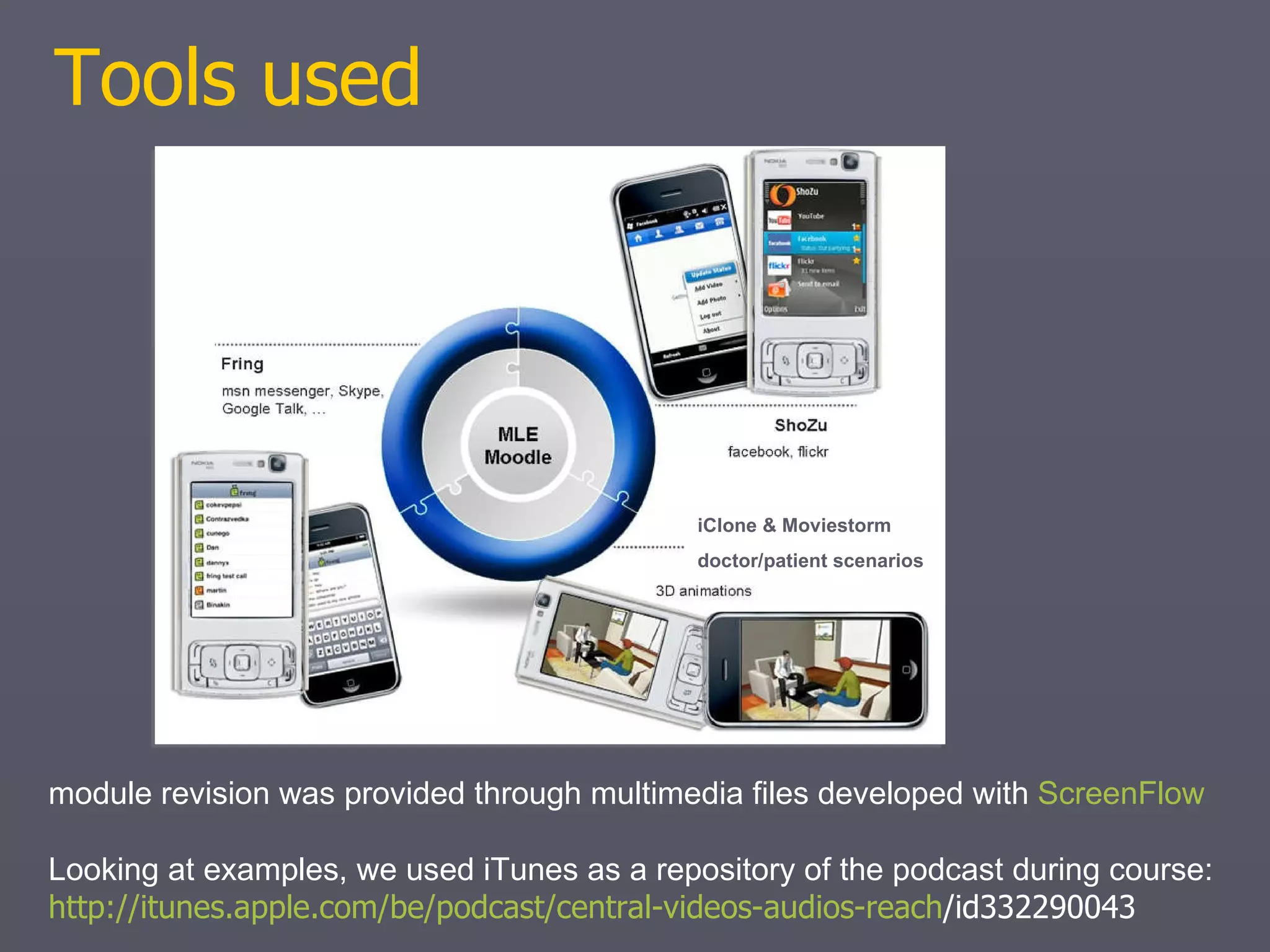 20 physicians used individual Smartphones (Nokia N95 and iPhone), for a CME program,  Oct ’09 – Jan ‘10 Wifi, solar panels and wireless router to save on connection costs and increase autonomy Methods 