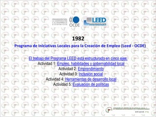 1982
Programa de Iniciativas Locales para la Creación de Empleo (Leed - OCDE)
El trabajo del Programa LEED está estructurado en cinco ejes:
Actividad 1: Empleo, habilidades y gobernabilidad local
Actividad 2: Emprendimiento
Actividad 3: Inclusión social
Actividad 4: Herramientas de desarrollo local
Actividad 5: Evaluación de políticas
 