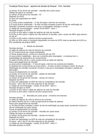 Fundação Paula Souza – Apostila de Gestão de Pessoal – Prof. Geraldo

a) campo 23 do termo de rescisão - rescisão sem justa causa
Código de saque na rescisão
a) campo 24 do termo de rescisão - 01
Depósito do FGTS
a) deve ser depositado em GRFC
b) prazo
b.1) aviso prévio trabalhado - 1º dia útil após o término do contrato
b.2) aviso prévio indenizado - 10 dias corridos contados a partir do dia da notificação da
Rescisão (contando inclusive o dia que o empregador entregou o aviso)
c) código de movimentação - campo 29 da GRFC - letra 'i'
Parcelas devidas no FGTS
a) 8,5% ou 8% sobre o saldo de salários do mês da rescisão
b) 8,5% ou 8% sobre o salário do mês anterior à rescisão, caso o prazo da GRFC seja anterior
ao dia 07
c) 8,5% ou 8% sobre o décimo terceiro proporcional
d) 40% ou 50% sobre o montante depositado na conta do FGTS mais as parcelas de 8,5% ou
8% constantes da própria GRFC

                   ii. Pedido de demissão
Parcelas devidas
a) saldo de salários do mês do término do contrato
b) 13º proporcional aos meses trabalhados
c) Férias proporcionais, conforme a Súmula 261 do TST
d) aviso prévio trabalhado - deve ser cumprido pelo empregado - a empresa tem a
possibilidade de dispensá-lo do cumprimento
e) salário família (se for o caso) proporcional ao saldo de salários
Prazo para pagamento da rescisão
a) aviso prévio trabalhado - 1º dia útil após o término do contrato de trabalho
b) dispensa do cumprimento do aviso prévio - 10 dias corridos contados a partir do dia da
Notificação da rescisão (contando inclusive o dia que o empregado entregou o pedido de
demissão)
Causa de afastamento na rescisão
a) campo 23 do termo de rescisão - pedido de demissão
Código de saque na rescisão
a) campo 24 do termo de rescisão - campo em branco
Depósito do FGTS
a) deve ser depositado na GFIP do mês de competência da rescisão
b) prazo - até o dia 07 do mês seguinte ao da rescisão
c) código de movimentação - campo 35 da GFIP - letra 'j'
Parcelas devidas no FGTS
a) 8,5% ou 8% sobre o saldo de salários do mês da rescisão
b) 8,5% ou 8% sobre o décimo terceiro proporcional

                   iii. Rescisão por justa causa - Iniciativa da empresa
Parcelas devidas
a) saldo de salários do mês do término do contrato
b) salário família (se for o caso) proporcional ao saldo de salários
Prazo para pagamento da rescisão
a) 10 dias corridos contados a partir do dia da notificação da justa causa (contando inclusive o
dia da notificação da justa causa)
Causa de afastamento na rescisão
a) campo 23 do termo de rescisão - rescisão por justa causa
Código de saque na rescisão
a) campo 24 do termo de rescisão - campo em branco
Depósito do FGTS
a) deve ser depositado na GFIP do mês de competência da rescisão
b) prazo - até o dia 07 do mês seguinte ao da rescisão
c) código de movimentação - campo 35 da GFIP - letra 'h'
Parcelas devidas no FGTS

                                                                                              28
 