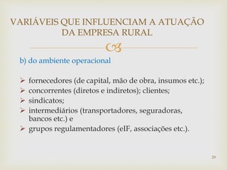 
b) do ambiente operacional
 fornecedores (de capital, mão de obra, insumos etc.);
 concorrentes (diretos e indiretos); clientes;
 sindicatos;
 intermediários (transportadores, seguradoras,
bancos etc.) e
 grupos regulamentadores (eIF, associações etc.).
VARIÁVEIS QUE INFLUENCIAM A ATUAÇÃO
DA EMPRESA RURAL
29
 