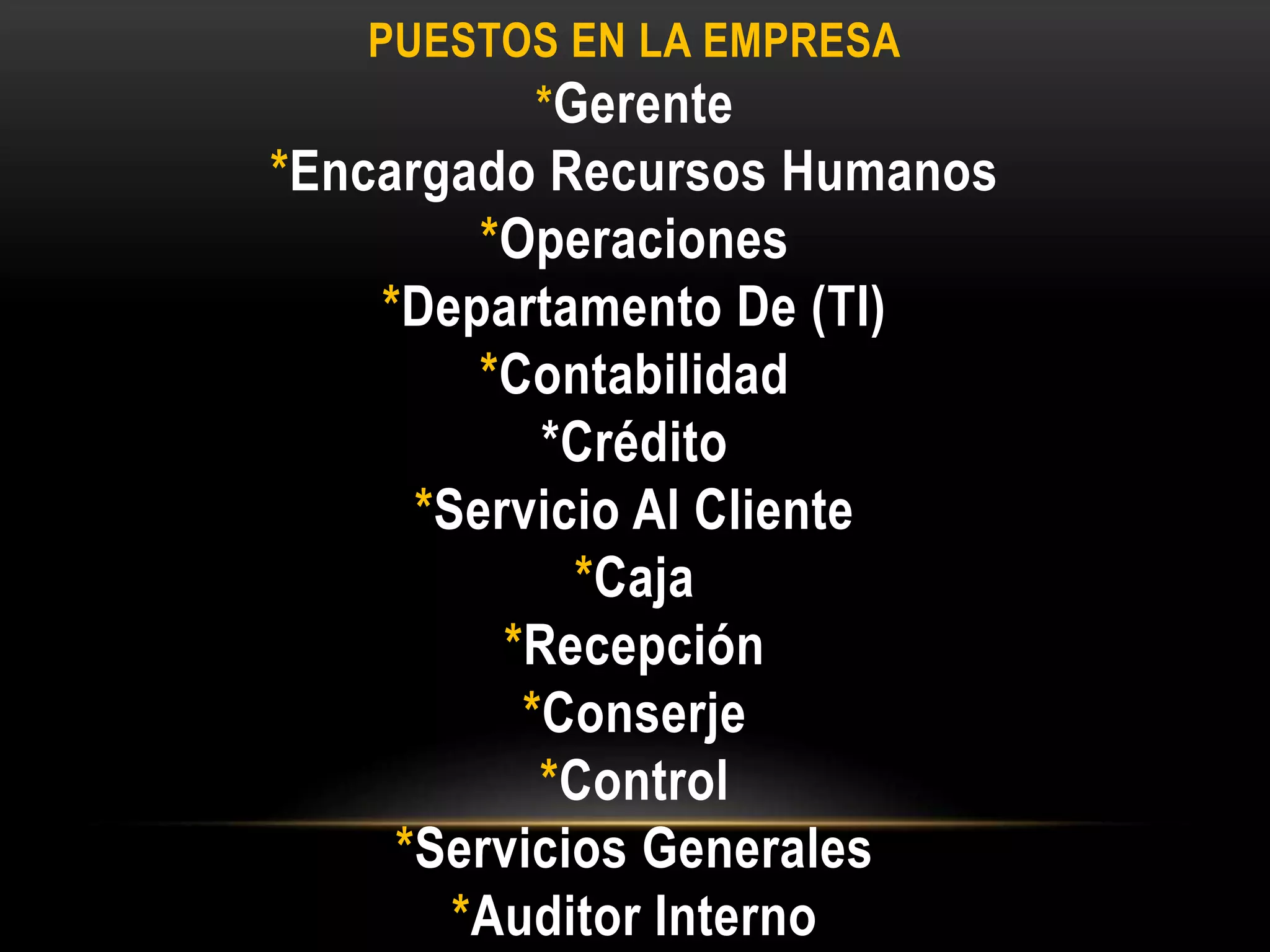 PUESTOS EN LA EMPRESA
*Gerente
*Encargado Recursos Humanos
*Operaciones
*Departamento De (TI)
*Contabilidad
*Crédito
*Servicio Al Cliente
*Caja
*Recepción
*Conserje
*Control
*Servicios Generales
*Auditor Interno
 