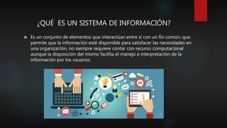 ¿QUÉ ES UN SISTEMA DE INFORMACIÓN?
 Es un conjunto de elementos que interactúan entre sí con un fin común; que
permite que la información esté disponible para satisfacer las necesidades en
una organización, no siempre requiere contar con recurso computacional
aunque la disposición del mismo facilita el manejo e interpretación de la
información por los usuarios.
 