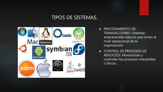 TIPOS DE SISTEMAS.
 PROCESAMIENTO DE
TRANSACCIONES: Sistemas
empresariales básicos que sirven al
nivel operacional de la
organización.
 CONTROL DE PROCESOS DE
NEGOCIOS: Monitorizan y
controlan los procesos industriales
o físicos .
 