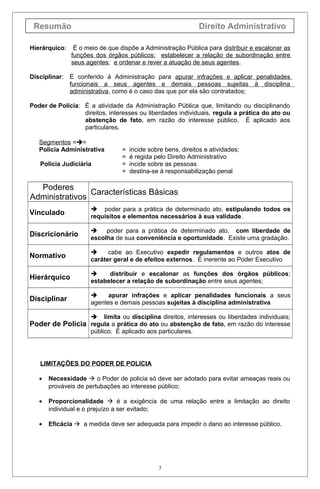 Resumão                                                      Direito Administrativo

Hierárquico:    É o meio de que dispõe a Administração Pública para distribuir e escalonar as
               funções dos órgãos públicos; estabelecer a relação de subordinação entre
               seus agentes; e ordenar e rever a atuação de seus agentes.

Disciplinar: É conferido à Administração para apurar infrações e aplicar penalidades
             funcionais a seus agentes e demais pessoas sujeitas à disciplina
             administrativa, como é o caso das que por ela são contratados;

Poder de Polícia: É a atividade da Administração Pública que, limitando ou disciplinando
                  direitos, interesses ou liberdades individuais, regula a prática do ato ou
                  abstenção de fato, em razão do interesse público. É aplicado aos
                  particulares.

   Segmentos ==
   Policia Administrativa        =   incide sobre bens, direitos e atividades;
                                 =   é regida pelo Direito Administrativo
   Policia Judiciária            =   incide sobre as pessoas
                                 =   destina-se à responsabilização penal

  Poderes
                Características Básicas
Administrativos
                      poder para a prática de determinado ato, estipulando todos os
Vinculado            requisitos e elementos necessários à sua validade.

                         poder para a prática de determinado ato, com liberdade de
Discricionário       escolha de sua conveniência e oportunidade. Existe uma gradação.

                          cabe ao Executivo expedir regulamentos e outros atos de
Normativo            caráter geral e de efeitos externos. É inerente ao Poder Executivo

                          distribuir e escalonar as funções dos órgãos públicos;
Hierárquico          estabelecer a relação de subordinação entre seus agentes;

                          apurar infrações e aplicar penalidades funcionais a seus
Disciplinar          agentes e demais pessoas sujeitas à disciplina administrativa

                  limita ou disciplina direitos, interesses ou liberdades individuais;
Poder de Polícia regula a prática do ato ou abstenção de fato, em razão do interesse
                 público. É aplicado aos particulares.




   LIMITAÇÕES DO PODER DE POLICIA

   •   Necessidade  o Poder de policia só deve ser adotado para evitar ameaças reais ou
       prováveis de pertubações ao interesse público;

   •   Proporcionalidade  é a exigência de uma relação entre a limitação ao direito
       individual e o prejuízo a ser evitado;

   •   Eficácia  a medida deve ser adequada para impedir o dano ao interesse público.




                                               3
 