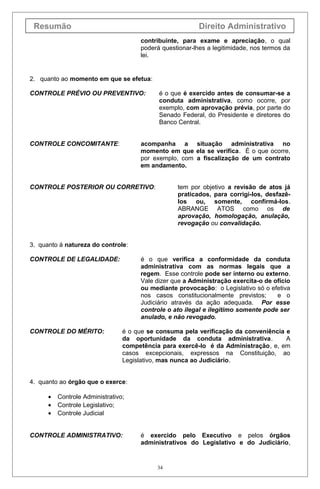 Resumão                                                  Direito Administrativo
                                      contribuinte, para exame e apreciação, o qual
                                      poderá questionar-lhes a legitimidade, nos termos da
                                      lei.


2. quanto ao momento em que se efetua:

CONTROLE PRÉVIO OU PREVENTIVO:              é o que é exercido antes de consumar-se a
                                            conduta administrativa, como ocorre, por
                                            exemplo, com aprovação prévia, por parte do
                                            Senado Federal, do Presidente e diretores do
                                            Banco Central.


CONTROLE CONCOMITANTE:                acompanha a situação administrativa no
                                      momento em que ela se verifica. É o que ocorre,
                                      por exemplo, com a fiscalização de um contrato
                                      em andamento.


CONTROLE POSTERIOR OU CORRETIVO:                  tem por objetivo a revisão de atos já
                                                  praticados, para corrigi-los, desfazê-
                                                  los ou, somente, confirmá-los.
                                                  ABRANGE ATOS como os de
                                                  aprovação, homologação, anulação,
                                                  revogação ou convalidação.


3. quanto à natureza do controle:

CONTROLE DE LEGALIDADE:               é o que verifica a conformidade da conduta
                                      administrativa com as normas legais que a
                                      regem. Esse controle pode ser interno ou externo.
                                      Vale dizer que a Administração exercita-o de ofício
                                      ou mediante provocação: o Legislativo só o efetiva
                                      nos casos constitucionalmente previstos;      e o
                                      Judiciário através da ação adequada. Por esse
                                      controle o ato ilegal e ilegítimo somente pode ser
                                      anulado, e não revogado.

CONTROLE DO MÉRITO:              é o que se consuma pela verificação da conveniência e
                                 da oportunidade da conduta administrativa.          A
                                 competência para exercê-lo é da Administração, e, em
                                 casos excepcionais, expressos na Constituição, ao
                                 Legislativo, mas nunca ao Judiciário.


4. quanto ao órgão que o exerce:

      •   Controle Administrativo;
      •   Controle Legislativo;
      •   Controle Judicial


CONTROLE ADMINISTRATIVO:              é exercido pelo Executivo e pelos órgãos
                                      administrativos do Legislativo e do Judiciário,


                                            34
 