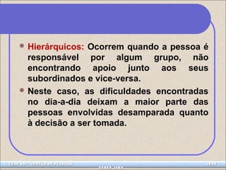 Hierárquicos: Ocorrem quando a pessoa é 
responsável por algum grupo, não 
encontrando apoio junto aos seus 
subordinados e vice-versa. 
Neste caso, as dificuldades encontradas 
no dia-a-dia deixam a maior parte das 
pessoas envolvidas desamparada quanto 
à decisão a ser tomada. 
CEAP LEDCEAP RH – GESTÃO DE PESSOAS - LEDYY 
AAYYRREESS JJAARRAA 
 