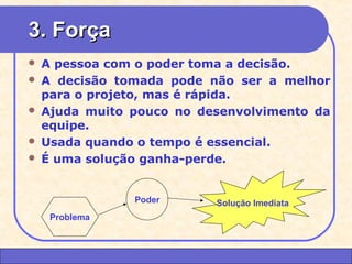 33.. FFoorrççaa 
 A pessoa com o poder toma a decisão. 
 A decisão tomada pode não ser a melhor 
para o projeto, mas é rápida. 
 Ajuda muito pouco no desenvolvimento da 
equipe. 
 Usada quando o tempo é essencial. 
 É uma solução ganha-perde. 
CEAP LEDCEAP RH – GESTÃO DE PESSOAS - LEDYY 
AAYYRREESS JJAARRAA 
Problema 
Poder Solução Imediata 
 