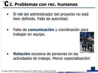 El  rol  del administrador del proyecto no está bien definido. Falla de autoridad. Falta de  comunicación  y coordinación para trabajar en equipo.  Rotación  excesiva de personas en las actividades de trabajo. Menor especialización! 2. Problemas con rec. humanos 