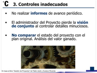 No realizar  informes  de avance periódico. El administrador del Proyecto pierde la  visión de conjunto  al controlar detalles minuciosos. No comparar  el estado del proyecto con el plan original. Análisis del valor ganado. 3. Controles   inadecuados 