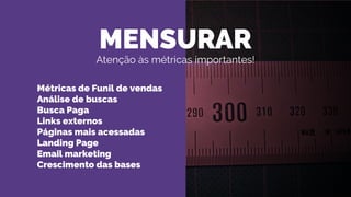 MENSURAR
Atenção às métricas importantes!
Métricas de Funil de vendas
Análise de buscas
Busca Paga
Links externos
Páginas mais acessadas
Landing Page
Email marketing
Crescimento das bases
 