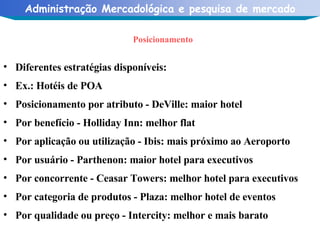 Posicionamento Diferentes estratégias disponíveis: Ex.: Hotéis de POA Posicionamento por atributo - DeVille: maior hotel Por benefício - Holliday Inn: melhor flat  Por aplicação ou utilização - Ibis: mais próximo ao Aeroporto Por usuário - Parthenon: maior hotel para executivos Por concorrente - Ceasar Towers: melhor hotel para executivos Por categoria de produtos - Plaza: melhor hotel de eventos Por qualidade ou preço - Intercity: melhor e mais barato 