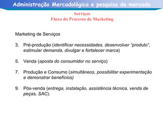 Serviços Fluxo do Processo de Marketing Marketing de Serviços Pré-produção ( identificar necessidades, desenvolver “produto”, estimular demanda, divulgar e fortalecer marca ) Venda ( aposta do consumidor no serviço ) Produção e Consumo ( simultâneos, possibilitar experimentação e demonstrar benefícios) Pós-venda ( entrega, instalação, assistência técnica, venda de peças, SAC ). 