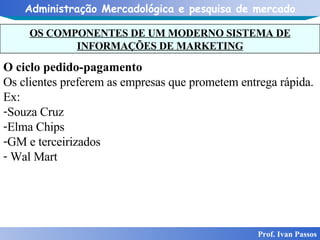 OS COMPONENTES DE UM MODERNO SISTEMA DE INFORMAÇÕES DE MARKETING Prof. Ivan Passos O ciclo pedido-pagamento Os clientes preferem as empresas que prometem entrega rápida.  Ex:  Souza Cruz Elma Chips GM e terceirizados Wal Mart  