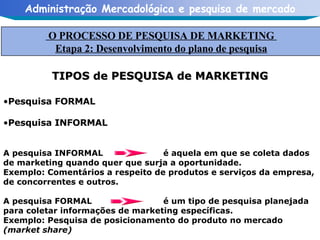 TIPOS de PESQUISA de MARKETING Pesquisa FORMAL Pesquisa INFORMAL A pesquisa INFORMAL é aquela em que se coleta dados de marketing quando quer que surja a oportunidade. Exemplo: Comentários a respeito de produtos e serviços da empresa, de concorrentes e outros. A pesquisa FORMAL é um tipo de pesquisa planejada para coletar informações de marketing específicas. Exemplo: Pesquisa de posicionamento do produto no mercado  (market share) O PROCESSO DE PESQUISA DE MARKETING  Etapa 2: Desenvolvimento do plano de pesquisa 