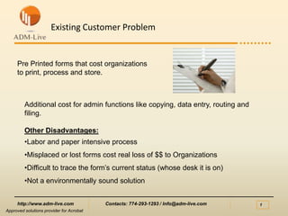 Existing Customer Problem


     Pre Printed forms that cost organizations
     to print, process and store.



         Additional cost for admin functions like copying, data entry, routing and
         filing.

         Other Disadvantages:
         •Labor and paper intensive process
         •Misplaced or lost forms cost real loss of $$ to Organizations
         •Difficult to trace the form’s current status (whose desk it is on)
         •Not a environmentally sound solution


     http://www.adm-live.com              Contacts: 774-293-1293 / Info@adm-live.com   1
Approved solutions provider for Acrobat
 
