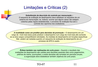 Limitações e Críticas (2)
Substituição da descrição de controle por mensuração –
O esquema de avaliação de desempenho deve satisfazer os requisitos de um
sistema de mensuração; se, todavia, ocorrer que alguns casos não estejam
cobertos pelas regras estabelecidas, o processo de avaliação fica sob o
controle dos caprichos dos avaliadores.

A inutilidade como um preditor para decisões de promoção – O desempenho em um
cargo de nível mais baixo pode predizer o desempenho num cargo de nível mais alto somente
se os dois cargos compartilharem atividades. As medidas de desempenho em funções específicas
Não podem ser isoladas quando um esquema de avaliação de desempenho de um
processo de APO é usado.

Ênfase também nas realizações de curto prazo – Quando o resultado das
avaliações de desempenho são usadas para decisões pessoais (tais como pagamentos,
prêmios de mérito, promoções), e estas decisões são tomadas em períodos anuais,
a organização deve estabelecer também objetivos de curto prazo.

TO-07

11

 