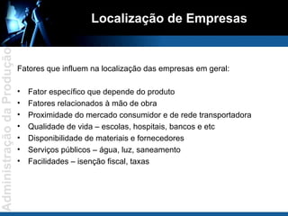 Localização de Empresas Fatores que influem na localização das empresas em geral: Fator específico que depende do produto Fatores relacionados à mão de obra Proximidade do mercado consumidor e de rede transportadora Qualidade de vida – escolas, hospitais, bancos e etc Disponibilidade de materiais e fornecedores Serviços públicos – água, luz, saneamento Facilidades – isenção fiscal, taxas 