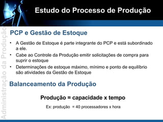A Gestão de Estoque é parte integrante do PCP e está subordinado a ele. Cabe ao Controle da Produção emitir solicitações de compra para suprir o estoque Determinações de estoque máximo, mínimo e ponto de equilíbrio são atividades da Gestão de Estoque Estudo do Processo de Produção PCP e Gestão de Estoque Balanceamento da Produção Produção = capacidade x tempo Ex: produção  = 40 processadores x hora 