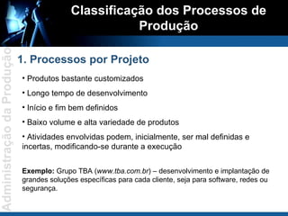 Classificação dos Processos de Produção 1. Processos por Projeto Produtos bastante customizados Longo tempo de desenvolvimento Início e fim bem definidos Baixo volume e alta variedade de produtos Atividades envolvidas podem, inicialmente, ser mal definidas e incertas, modificando-se durante a execução Exemplo:  Grupo TBA ( www.tba.com.br ) – desenvolvimento e implantação de grandes soluções específicas para cada cliente, seja para software, redes ou segurança. 