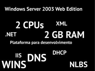 Windows Server 2003 Web Edition


    2 CPUs              XML
.NET               2 GB RAM
  Plataforma para desenvolvimento

                       DHCP
    IIS
          DNS
WINS                           NLBS
 