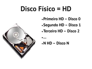 Disco Físico = HD
       ●   Primeiro HD – Disco 0
       ●   Segundo HD – Disco 1
       ●   Terceiro HD – Disco 2
       ●   ...
       ●   N HD – Disco N
 