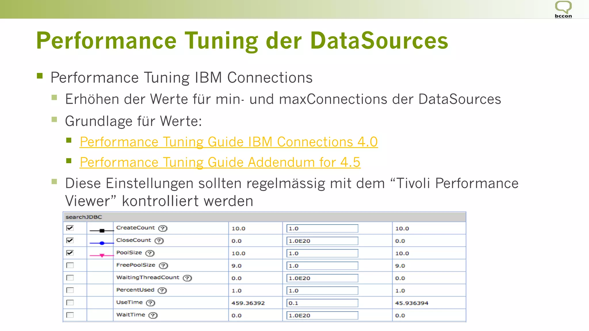 Performance Tuning der DataSources
§  Performance Tuning IBM Connections
§  Erhöhen der Werte für min- und maxConnections der DataSources
§  Grundlage für Werte:
§  Performance Tuning Guide IBM Connections 4.0
§  Performance Tuning Guide Addendum for 4.5
§  Diese Einstellungen sollten regelmässig mit dem “Tivoli Performance
Viewer” kontrolliert werden
 