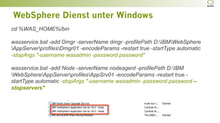 WebSphere Dienst unter Windows
cd %WAS_HOME%/bin
wasservice.bat -add Dmgr -serverName dmgr -profilePath D:IBMWebSphere
AppServerprofilesDmgr01 -encodeParams -restart true -startType automatic
-stopArgs "-username wasadmin -password password"
wasservice.bat -add Node -serverName nodeagent -profilePath D:IBM
WebSphereAppServerprofilesAppSrv01 -encodeParams -restart true -
startType automatic -stopArgs "-username wasadmin -password password –
stopservers"
 