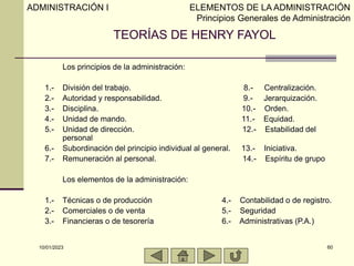 10/01/2023 60
TEORÍAS DE HENRY FAYOL
Los principios de la administración:
1.- División del trabajo. 8.- Centralización.
2....