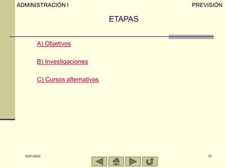 10/01/2023 70
ETAPAS
A) Objetivos
B) Investigaciones
C) Cursos alternativos
ADMINISTRACIÓN I PREVISIÓN
 