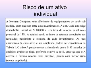 A Norman Company, uma fabricante de equipamentos de golfe sob
medida, quer escolher entre dois investimentos, A e B. Cada um exige
desembolso inicial de $ 10.000 e tem taxa de retorno anual mais
provável de 15%. A administração estimou os retornos associados aos
resultados pessimista e otimista de cada investimento. As três
estimativas de cada ativo e sua amplitude podem ser encontradas na
Tabela 1. O ativo A parece menos arriscado do que o B. O tomador de
decisões, avesso ao risco, preferiria o ativo A ao B, uma vez que o A
oferece o mesmo retorno mais provável, porém com menor risco
(menor amplitude).
Risco de um ativo
individual
 