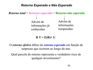 73
Retorno Esperado e Não Esperado
Retorno total = Retorno esperado + Retorno não esperado
R T = E(R)+ U
Advém de
informações já
conhecidas
Advém de
informações
inesperadas
O retorno efetivo difere do retorno esperado em função de
surpresas que ocorrem ao longo do ano.
Qual parcela do retorno representa o verdadeiro risco de
qualquer investimento?
 