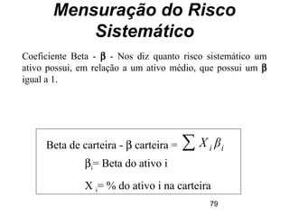 79
Mensuração do Risco
Sistemático
Coeficiente Beta - β - Nos diz quanto risco sistemático um
ativo possui, em relação a um ativo médio, que possui um β
igual a 1.
Beta de carteira - β carteira = ∑ X i βi
βi= Beta do ativo i
X i= % do ativo i na carteira
 