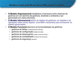 O Modelo Organizacional  estabelece a hierarquia entre sistemas de gerência em um domínio de gerência, dividindo o ambiente a ser gerenciado em vários domínios.  O Modelo Informacional  define os objetos de gerência, as relações e as operações sobre esses objetos. Uma MIB é necessária para armazenar os objetos gerenciados.  O Modelo Funcional  descreve as funcionalidades de gerência:  gerência de falhas  (comportamento anormal); gerência de configuração  (estado da rede);  gerência de desempenho  (vazão e taxa de erros);  ; gerência de contabilidade  (consumo de recursos);  gerência de segurança  (acesso).  Modelos criados pelo ISo através do OSI, propôs 3 modelos .  