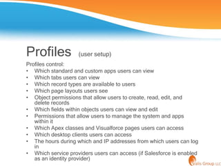 Profiles            (user setup)
Profiles control:
• Which standard and custom apps users can view
• Which tabs users can ...