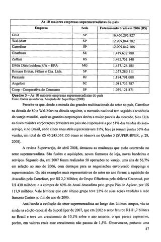 As 10 maiores empresas supermercadistas do pais 
Empresa Sede Faturamento bruto em 2006 (R$) 
CBD SP 16.460.295.827 
Wal-Mart SP 12.909.844.702 
Carrefour SP 12.909.842.706 
Gbarbosa SE 1.489.632.780 
Zaffari RS 1.475.751.140 
DMA Distribuidora S/A — EPA MG 1.457.124.185 
IIrmaos Bretas, Filhos e Cia. Ltda. SP 1.357.280.111 
Prezunic RJ 1.194.791.000 
Angeloni SC 1.081.733.787 
Coop - Cooperativa de Consumo SP 1.039.121.871 
Quadro 3 — As 10 maiores empresas supermercadistas do país 
Fonte: Dados secundários. Adaptado de: SuperHiper (2008) 
Percebe-se que, desde a entrada das grandes multinacionais do setor no pais, Carrefour 
na década de 80 e Wal-Mart na década seguinte, o mercado nacional tem seguido a tendência 
do varejo mundial, onde as grandes corporações detêm a maior parcela do mercado. Nos EUA 
as cinco maiores corporações presentes no pais são responsáveis por 51% das vendas do auto-serviço, 
e no Brasil, onde cinco anos atrás representavam 11%, hoje já somam juntas 36% das 
vendas, um total de R$ 45.245.367.155 como se observa no Quadro 3 (SUPERHIPER, p. 28, 
2008). 
A revista Supervarejo, de abril 2008, destacou as mudanças que estão ocorrendo no 
setor supermercadista. São fusões e aquisições, novos formatos de loja, novas bandeiras e 
serviços. Segundo ela, em 2007 foram realizadas 58 operações no varejo, uma alta de 56,7% 
em relação ao ano de 2006, com destaque para as negociações envolvendo shoppings e 
supermercados. Os três exemplos mais representativos do setor no ano foram: a aquisição do 
Atacadão pelo Carrefour, por R$ 2,2 bilhões; do Grupo GBarbosa pela chilena Ceconsud, por 
U$ 430 milhões; e a compra de 60% do Assai Atacadista pelo grupo Pão de Açúcar, por U$ 
117,9 milhões. Vale lembrar que este último grupo teve 35% de suas ações vendidas à rede 
francesa Casino no fim do ano de 2006. 
Analisando a evolução do setor supermercadista ao longo dos últimos tempos, viu-se 
ainda na edição especial da SuperHiper de 2007, que em 2002 o setor faturou R$ 81,7 bilhões 
no Brasil e teve um crescimento de 10,1% sobre o ano anterior, o que parece expressivo, 
porém, em valores reais esse crescimento não passou de 1,5%. Observou-se, portanto uma 
47 
 