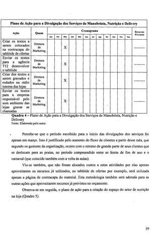 Plano de Ação para a Divulgação dos Serviços de Manobrista, Nutrição e Delivery 
Ação Quem 
Cronograma Recursos 
Previstos 
Jan Fev Mar Abr Mai Jun Jul Ago Set Out Nov Dez 
Criar os textos a 
serem colocados 
na contracapa do 
tablóide de ofertas 
Diretora 
de 
Marketing 
X 
Enviar os textos 
para a agência 
T12 desenvolver 
o tablóide 
Diretora 
de 
Marketing 
X 
Criar dos textos a 
serem gravados e 
rodados na rádio 
interna das lojas 
Diretora 
de 
Marketing 
X 
Enviar os textos 
para a empresa 
responsável pelo 
som ambiente das 
lojas gravar as 
chamadas 
Diretora 
de 
Marketing 
X 
. 
Quadro 4— Plano de Ação para a Divulgação dos Serviços de Manobrista, Nutrição e 
Delivery 
Fonte: Elaborado pelo autor. 
Percebe-se que o período escolhido para o início das divulgações dos serviços foi 
apenas em março. Isso é justificado pelo aumento do fluxo de clientes a partir desse mês, que 
segundo os gestores da organização, ocorre com o retorno de grande parte de seus clientes que 
se deslocam para as praias, no período compreendido entre as festas de fim de ano e o 
carnaval (que coincide também com a volta às aulas). 
Viu-se também, que não foram alocados custos a estas atividades por elas apenas 
aproveitarem os recursos já utilizados, no tablóide de ofertas por exemplo, será utilizada 
apenas a página de contracapa do material. Esta metodologia também será adotada para as 
outras ações que aproveitarem recursos já previstos no orçamento. 
Observa-se em seguida, o plano de ação para a criação do espaço do setor de nutrição 
na loja (Quadro 5). 
59 
 