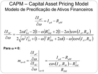CAPM – Capital Asset Pricing Model
Modelo de Precificação de Ativos Financeiros
Para w = 0:
M
A
C
R
I
I



w




     
     
M
A
SM
SA
M
A
SM
SA
SC
R
I
R
I
R
I
R
I
I
,
cov
1
2
1
2
,
cov
2
1
2
1
2
2
2
2
2
2
2
2
w
w
w
w
w
w
w
w 










 
SM
SM
M
A
M
A
SC
C
R
R
R
I
R
I
I
I
m 2
0
0
,
cov 











w

w
w
w
 