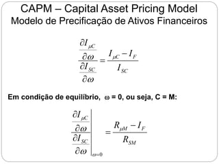 CAPM – Capital Asset Pricing Model
Modelo de Precificação de Ativos Financeiros
SC
F
C
SC
C
I
I
I
I
I








w
w
Em condição de equilíbrio, w = 0, ou seja, C = M:
SM
F
M
SC
C
R
I
R
I
I








w

w
w
0
 