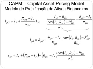 CAPM – Capital Asset Pricing Model
Modelo de Precificação de Ativos Financeiros
  SM
F
M
SM
SM
M
A
M
A
R
I
R
R
R
R
I
R
I 


 


2
,
cov
SC
SM
F
M
F
C I
R
I
R
I
I


 
 '
 
SM
SM
M
A
SM
F
M
M
A
R
R
R
I
R
I
R
R
I
2
,
cov 



 


     
2
2
,
cov
SM
SM
M
A
F
M
F
M
F
A
R
R
R
I
I
R
I
R
I
I





 


 