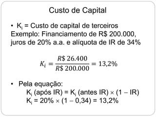 Custo de Capital
• Ki = Custo de capital de terceiros
Exemplo: Financiamento de R$ 200.000,
juros de 20% a.a. e alíquota de IR de 34%
𝐾𝑖 =
𝑅$ 26.400
𝑅$ 200.000
= 13,2%
• Pela equação:
Ki (após IR) = Ki (antes IR)  (1  IR)
Ki = 20%  (1  0,34) = 13,2%
 