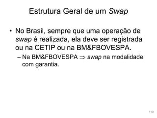110
• No Brasil, sempre que uma operação de
swap é realizada, ela deve ser registrada
ou na CETIP ou na BM&FBOVESPA.
– Na BM&FBOVESPA  swap na modalidade
com garantia.
Estrutura Geral de um Swap
 