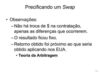 119
• Observações:
–Não há troca de $ na contratação,
apenas as diferenças que ocorrerem.
–O resultado ficou fixo.
–Retorno obtido foi próximo ao que seria
obtido aplicando nos EUA.
• Teoria da Arbitragem
Precificando um Swap
 