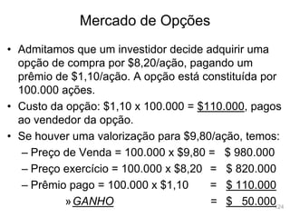 124
Mercado de Opções
• Admitamos que um investidor decide adquirir uma
opção de compra por $8,20/ação, pagando um
prêmio de $1,10/ação. A opção está constituída por
100.000 ações.
• Custo da opção: $1,10 x 100.000 = $110.000, pagos
ao vendedor da opção.
• Se houver uma valorização para $9,80/ação, temos:
– Preço de Venda = 100.000 x $9,80 = $ 980.000
– Preço exercício = 100.000 x $8,20 = $ 820.000
– Prêmio pago = 100.000 x $1,10 = $ 110.000
»GANHO = $ 50.000
 