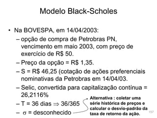 157
Modelo Black-Scholes
• Na BOVESPA, em 14/04/2003:
– opção de compra de Petrobras PN,
vencimento em maio 2003, com preço de
exercício de R$ 50.
– Preço da opção = R$ 1,35.
– S = R$ 46,25 (cotação de ações preferenciais
nominativas da Petrobras em 14/04/03.
– Selic, convertida para capitalização contínua =
26,2116%
– T = 36 dias  36/365
– s = desconhecido
Alternativa : coletar uma
série histórica de preços e
calcular o desvio-padrão da
taxa de retorno da ação.
 