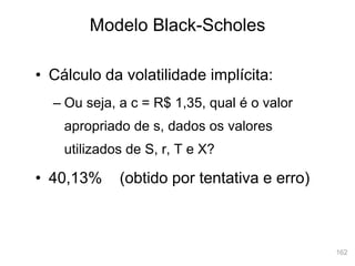 162
Modelo Black-Scholes
• Cálculo da volatilidade implícita:
– Ou seja, a c = R$ 1,35, qual é o valor
apropriado de s, dados os valores
utilizados de S, r, T e X?
• 40,13% (obtido por tentativa e erro)
 