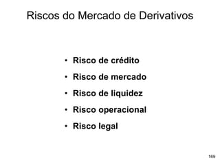 169
Riscos do Mercado de Derivativos
• Risco de crédito
• Risco de mercado
• Risco de liquidez
• Risco operacional
• Risco legal
 