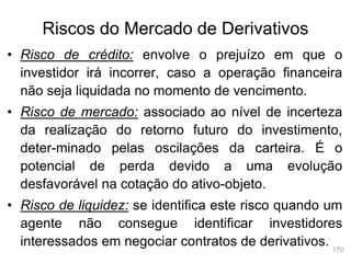 170
Riscos do Mercado de Derivativos
• Risco de crédito: envolve o prejuízo em que o
investidor irá incorrer, caso a operação financeira
não seja liquidada no momento de vencimento.
• Risco de mercado: associado ao nível de incerteza
da realização do retorno futuro do investimento,
deter-minado pelas oscilações da carteira. É o
potencial de perda devido a uma evolução
desfavorável na cotação do ativo-objeto.
• Risco de liquidez: se identifica este risco quando um
agente não consegue identificar investidores
interessados em negociar contratos de derivativos.
 